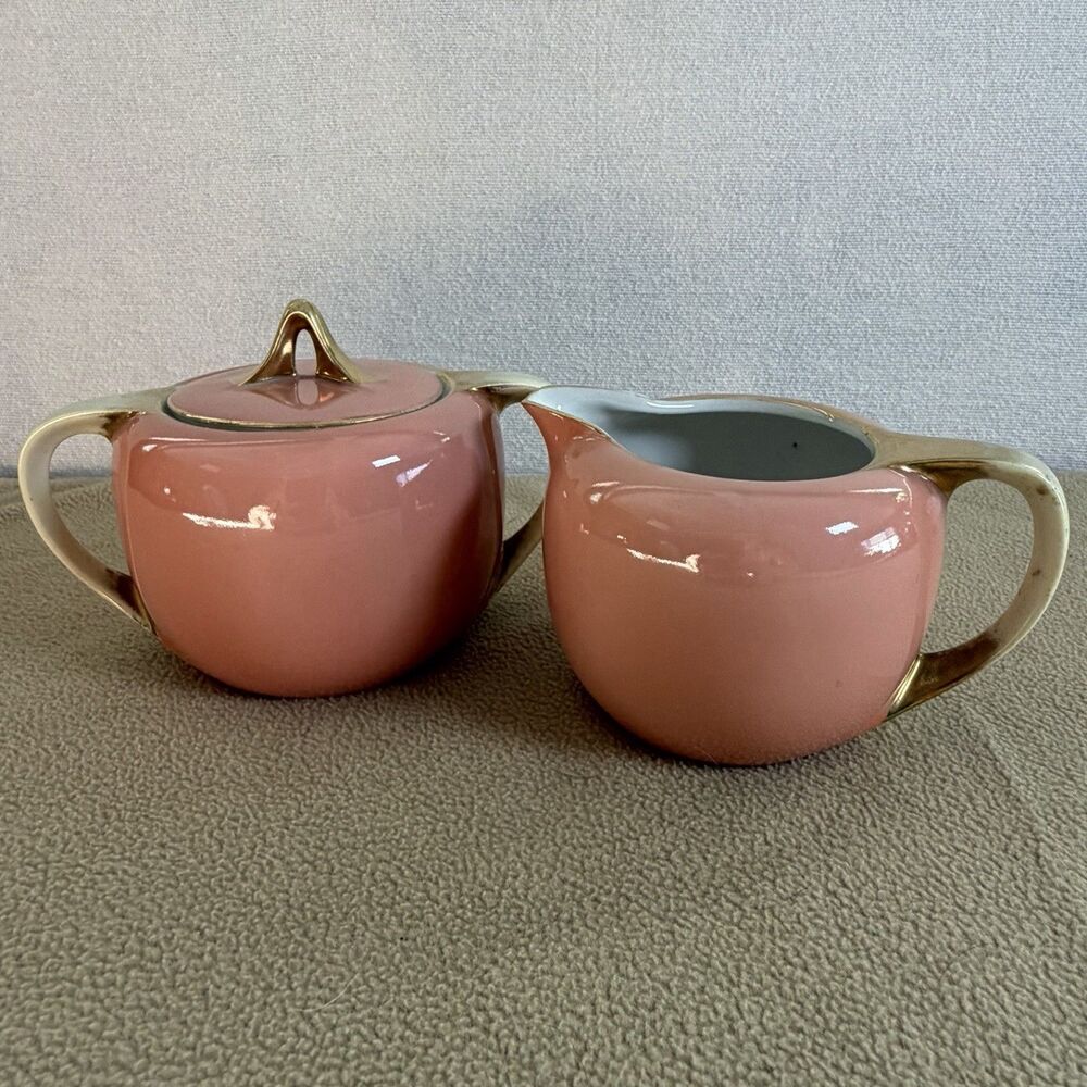Antique RS Germany Porcelain Sugar Bowl & Creamer Set Blush Pink Gold Gilt Deco